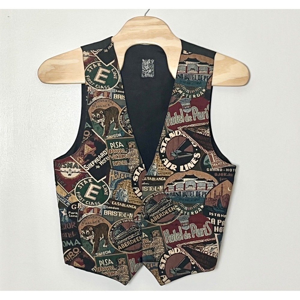 L.A. Attitudes Vintage World Travel Tapestry Vest Men's Large 90s Hotel Comics